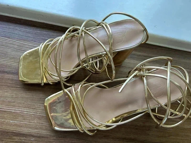 Shein heel sandals ankle tie cross strap gold UK 4 /EU 37 Summer, Holiday,Festival,Party NWT - Image 3