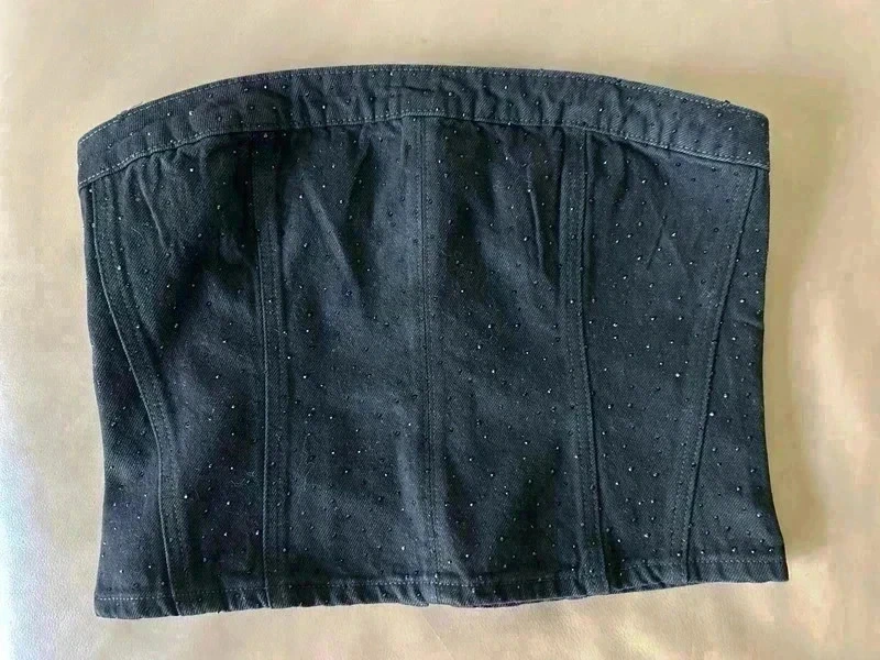 Pull&Bear Sparkle Denim corset strapless bustier Zipped crop Top L – Holiday/Festival/Night Out NWT